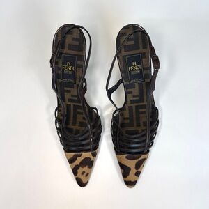 Fendi zucca leopard print sling back heels, size 7.5